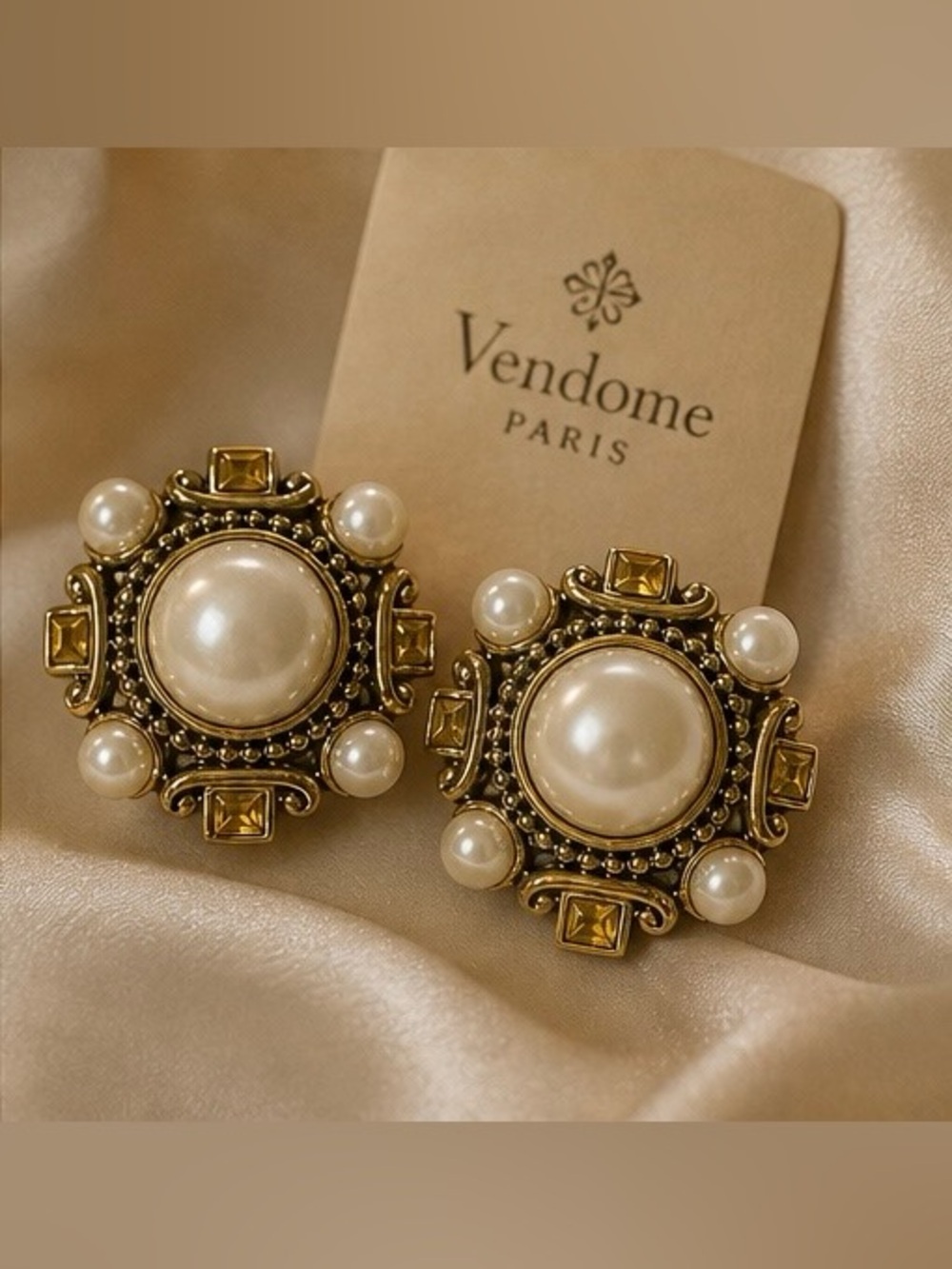 💫Vintage Vendome Clip Earrings • Gold Finish w/Pearls & Citrine Stones💛💛